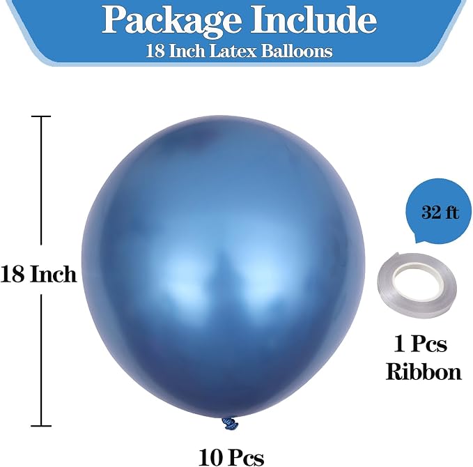 10pcs 18 inch Metallic Blue Balloons, Thick Latex Chrome Helium Balloons - Image 2