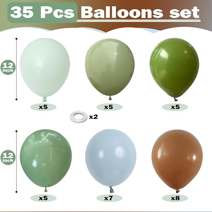 Blue Green Brown Balloons, 12 Inch Sage Pastel Green Balloon Dusty Blue Balloon - Image 2
