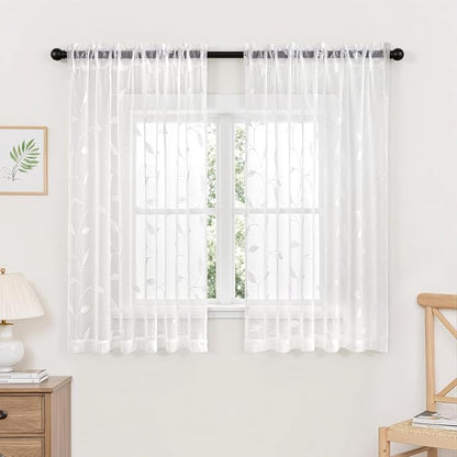 MIULEE White Sheer Curtains 2 Panels Embroidered Leaf Patterned, W52 x L54 | by MIULEE