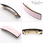 French Amie Fine 1" Wide Rectangular Celluloid Handmade Blush Pink with Black Edges Automatic Hair Barrettes for Women French Hair Clips