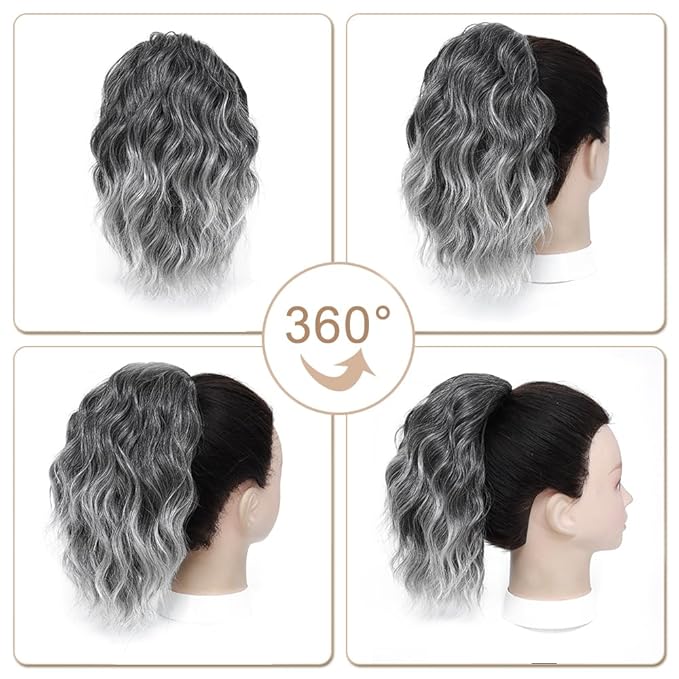 Ponytail Extension-12 Inch Drawstring Ponytail Hair Extensions for Women Synthetic Curly Wavy Fake Pony Tails Hair Pieces for Daily Party Use (Black/Grey)
