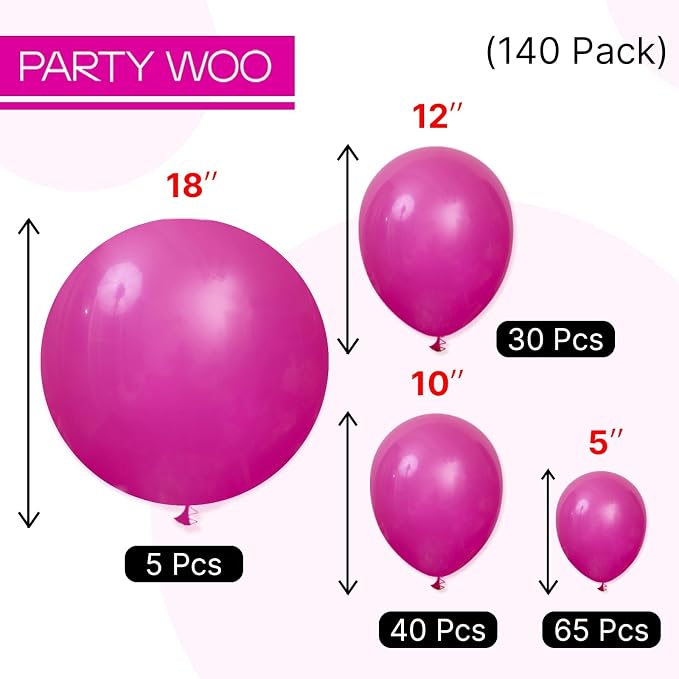 PartyWoo Hot Pink Balloons 140pcs Magenta Fuchsia Dark Pink Color | 18 12 10 5 - Image 5