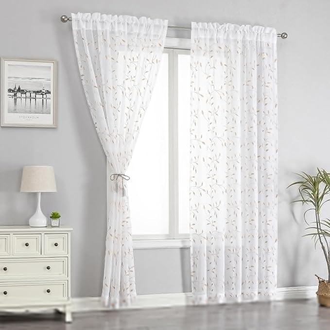 White Sheer Curtains Orange Leaf Embroidery Linen 96 Inches Long | Light - Image 2