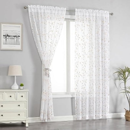 White Sheer Curtains Orange Leaf Embroidery Linen 96 Inches Long | Light - Image 2