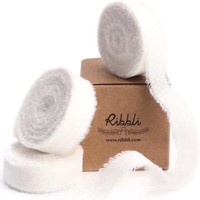Ribbli 3 Rolls White Ribbon 5/8 Inch x 18Yards Handmade Cotton Frayed Fringe by Ribbli