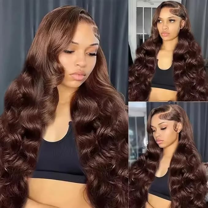 250% Density Chocolate Brown Lace Front Wig Human Hair 13x4 Body Wave Lace Front Wigs Colored Human Hair Wigs For Women HD Transparent Lace Front Wig(24 Inch,Chocolate Brown Wig)