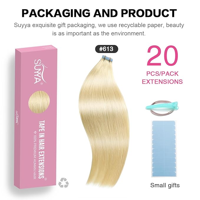 SUYYA Tape in Hair Extensions Human Hair Bleach Blonde 14 inches 40g/pack 20pcs Straight Seamless Skin Weft Tape in Hair Extensions(14 inches #613 Bleach Blonde)