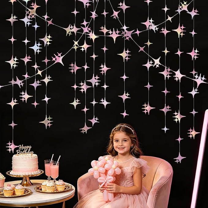 Glitter Iridescent Pink Four-Angle Star Paper Garland Banner 40 Feet Iridescent - Image 6