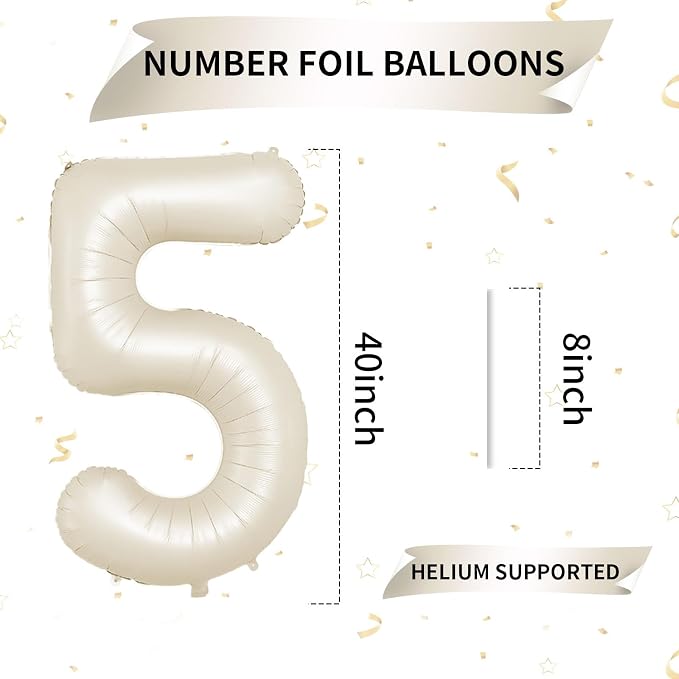 40 Inch Cream Number 5 Balloon, Digital 5 Cream White Giant 5 Foil Balloon - Image 2