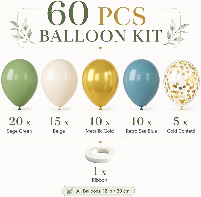 Green Blue Balloons Sage Beige Gold Balloons Jungle Woodland Party Decorations - Image 4