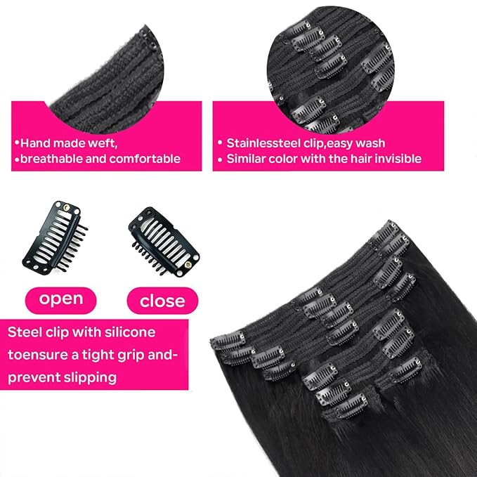 Yaki Straight Clip in Hair Extensions Real Human Hair 8Pcs Remy Human hair Clip ins for Women, Natural Soft Human Hair 120g 22inch #1B Natural Black