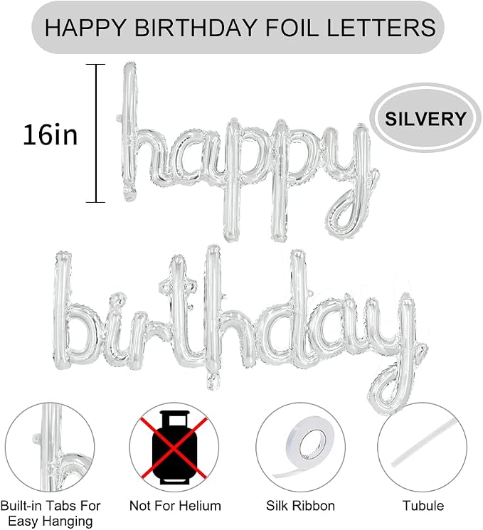 TONIFUL 16 Inch Silver Cursive Happy Birthday Balloons Banner Decorations | - Image 2