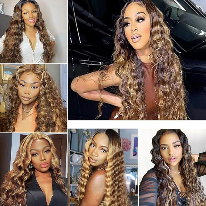 Honey Blonde Bundles Human Hair Highlight Deep Wave Bundle Brazilian Virgin Remy Hair 3 Bundles 14 16 18 Inch Niegmeag 2 Tone Black and Blonde Deep Wave Bundle 300g