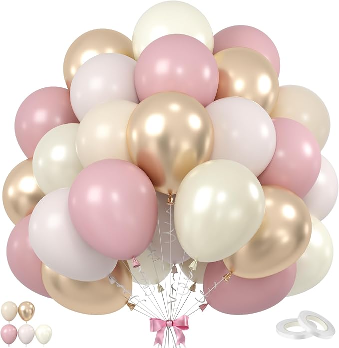 Dusty Pink and Gold Balloons, 12 Inch Apricot Champagne Gold Balloons Helium by BIAPIAN