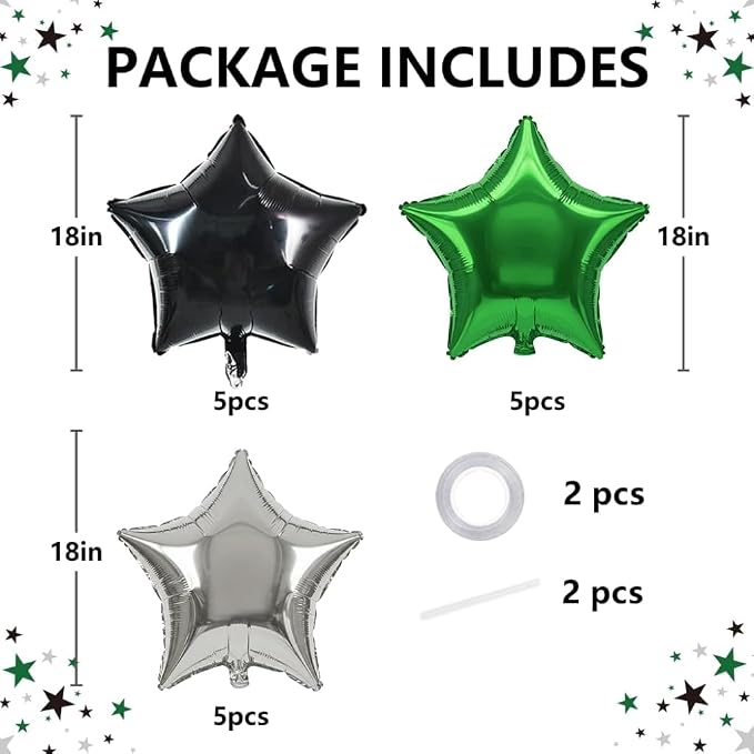 TONIFUL 15 Pack Black and Green Silver Star Foil Balloons | 18 Inch Mylar Star - Image 2