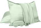 2 Pack Satin Pillowcase with Hidden Zipper, Adjustable Satin Eye Mask for Sleeping and Satin Volume Scrunchie for Hair and Skin, Standard Size (Green,Vintage Style)