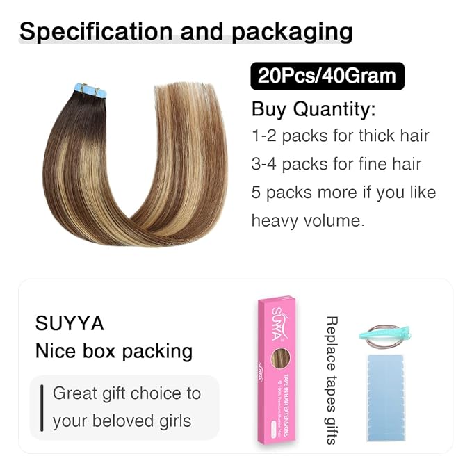 SUYYA Tape in Hair Extensions Human Hair Balayage Darkest Brown to Chestnut Brown and Light Blonde 12 Inch 40g/pack 20pcs Straight Seamless Skin Weft Tape in Extensions(12inch #P6/16/T2)