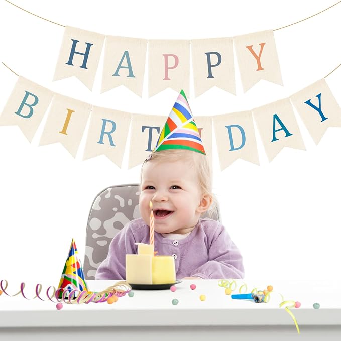 Doumeny Happy Birthday Burlap Banner Boho Birthday Bunting Garland Blue Pink - Image 4