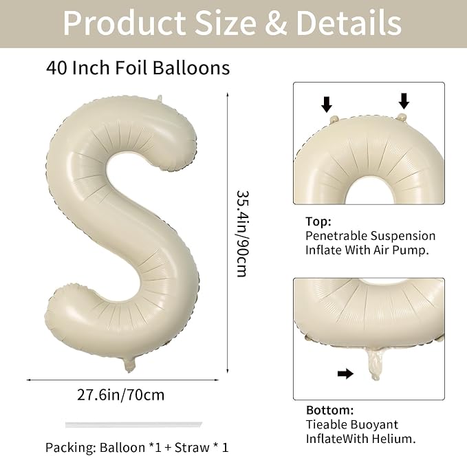 Biapian 40 Inch Letter S Balloons, Giant Cream S Foil Balloon, Big Single - Image 2