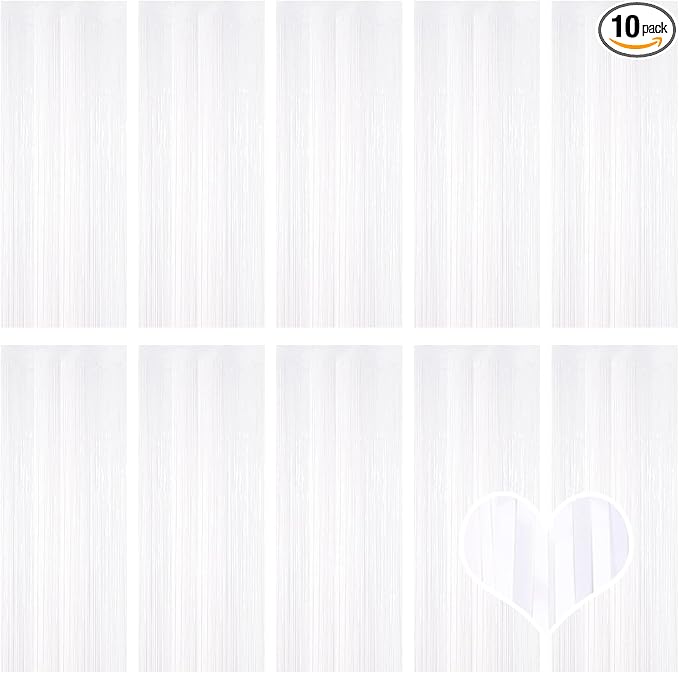 10 Pack White Backdrop Curtain 3.2ft x 8.2ft Metallic Tinsel Foil Fringe by Ohiyoo