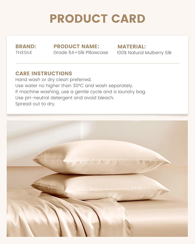 THXSILK Silk Pillowcase for Hair and Skin, 100% Mulberry Silk Bed Pillowcase Grade 6A+, Hypoallergenic Soft Breathable Silk Pillow Case with Hidden Zipper, King Size Pillow Case(Beige)