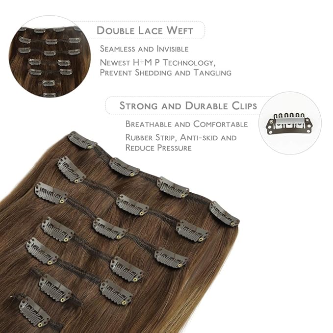 WENNALIFE Clip in Hair Extensions Real Human Hair, 20 Inch 120g 7pcs Balayage Chocolate Brown to Caramel Blonde Hair Extensions Clip in Human Hair Remy Clip in Hair Extensions Real Human Hair