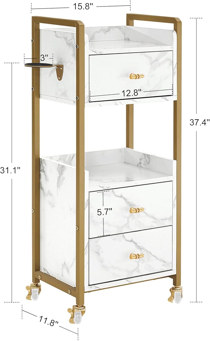 BarberPub Salon Cart with Lockable Wheels, Acetone Resistant Storage Barber Trolley with 1 Hair Dryer Holder & Drawers, Rolling Tattoo Cart, Makeup Organizer Beauty Equipment 2478 (White)