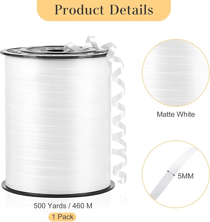 White Curling Ribbon, 500 Yards, 1/5 Inch | - Image 2