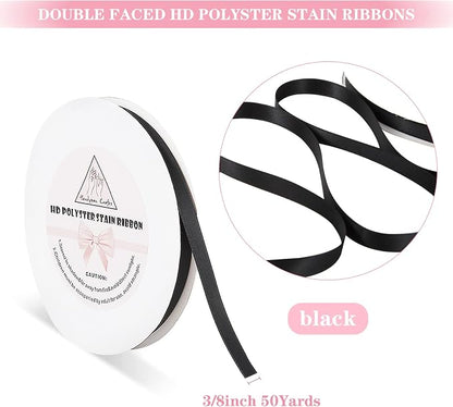 Black Stain Ribbon for Gift Warping, 3/8inch 50 Yards Solid Polyester Fabric - Image 2