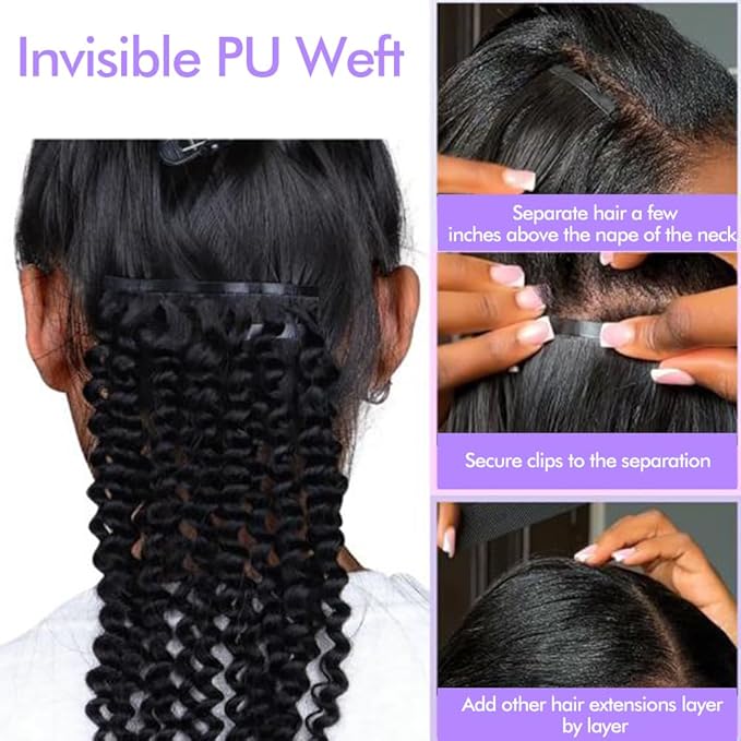 Seamless 3C 4A Kinky Curly Clip In Extension PU Weft Curly Clip in Extension Human Hair Clip Ins Full Head for Black Women Brazilian Remy Human Hair Natural Color 8Pcs with18clips 120g/Set (14 inch)
