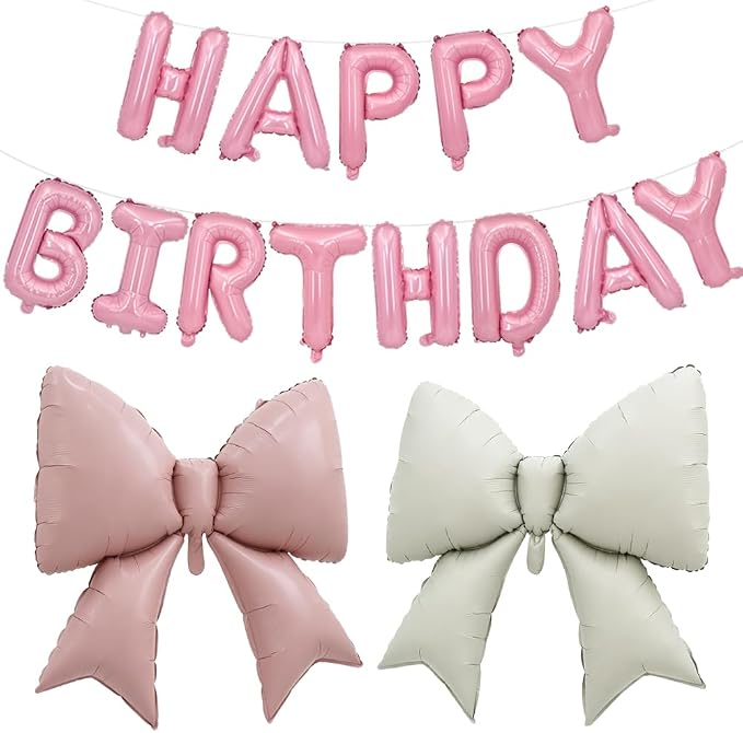 Vuzvuv Pink Happy Birthday Balloons, 38 Inches Huge Bow Aluminum Foil Balloons by Vuzvuv