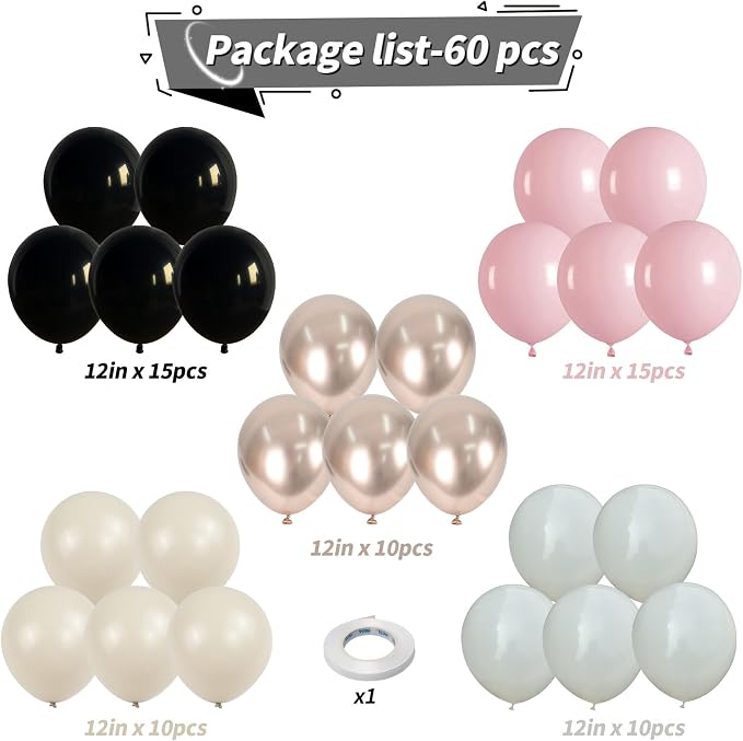 60 PCS Black and Pink Balloons, Retro Dusty Pink Ivory Sand White Black Latex - Image 2