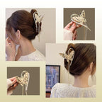 Gold Butterfly Hair Claw Clips Pearl Chain Tassel Rhinestone Butterfly Flower Hair Clips Tassel Nonslip Clamps Hair Accessories for Women and girl.Claw Clips for Thick hair
