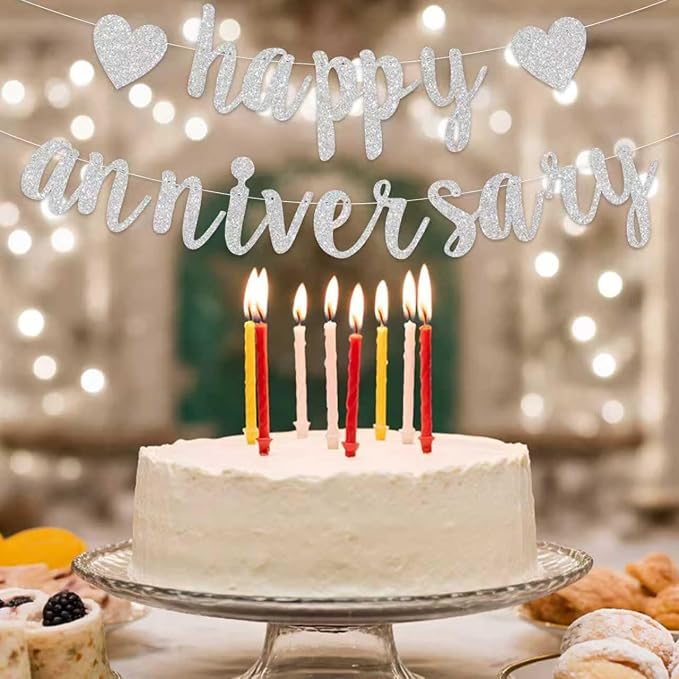 Pre-Strung Happy Anniversary Banner Bunting Silver Hanging Sign Garland - Image 4