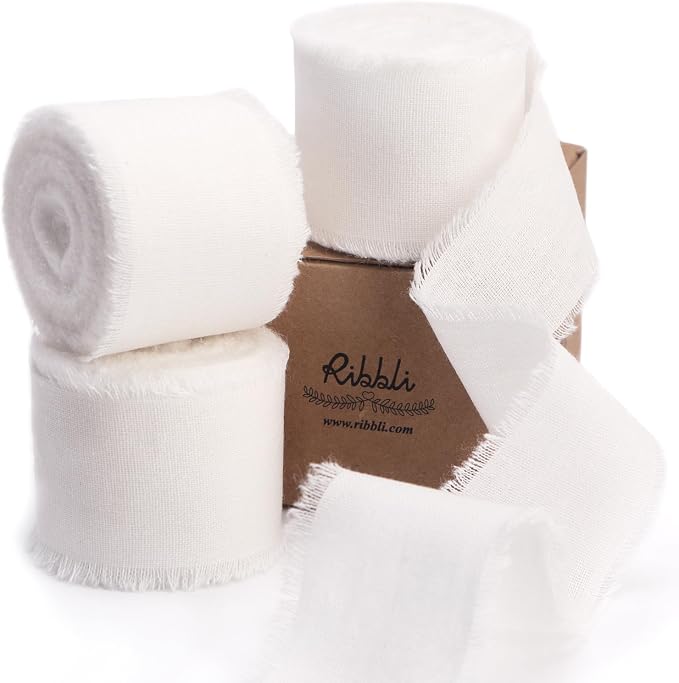 Ribbli 3 Rolls White Ribbon 1.5 Inch x 18Yards Handmade Cotton Frayed Fringe by Ribbli