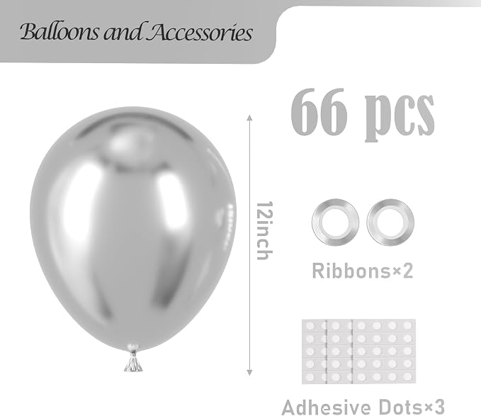 Voircoloria 66pcs Metallic Silver Latex Party Balloons, 12inch | - Image 2