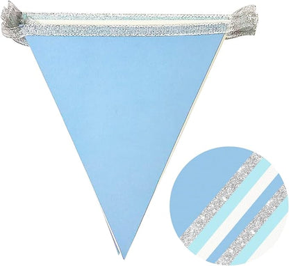 Dusty Blue Silver White Party Decorations Pennant Banner Flag Hanging Glitter - Image 3