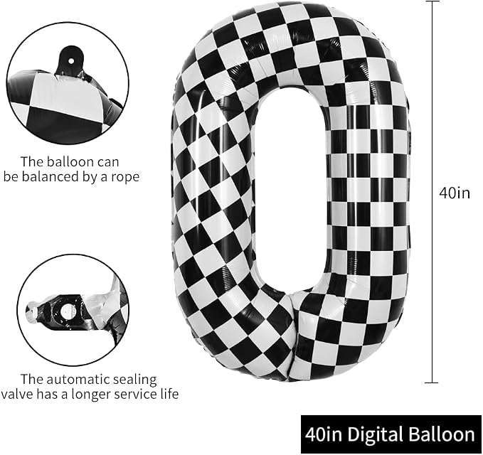 TONIFUL 40 Inch Large Checkered Number 0 Balloon Race Car Theme Party Decor | - Image 2