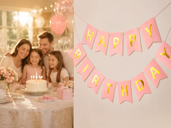 Letjolt Pink Happy Birthday Banner Girls Party Signs 13 Pcs | Golden Sparkle - Image 4