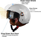 Open Face Motorcycle Helmet for Adults, DOT Approved,3/4 Retro Vespa Helmet, Dual Visors Men's and Women's Motorbike Casco for Moped Cruiser Bobber and Chopper