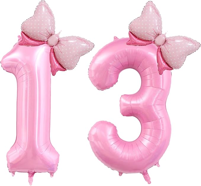 40 inch Number 13 Balloon with Bow Pink Happy Birthday Jumbo Number Balloons by OIBUTUR