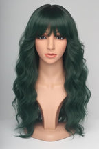24 Inch Forest Green Wavy Wig with Bangs, Heat Resistant Synthetic Hair for Women, Adjustable Cap with Snap Clips for Daily Use, Wedding, Cosplay