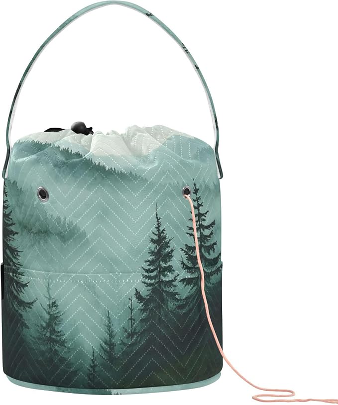Green Mountains and Pine Trees 3500 Yarn Bag Small Crochet Bag Drawstring Yarn by Tatenale