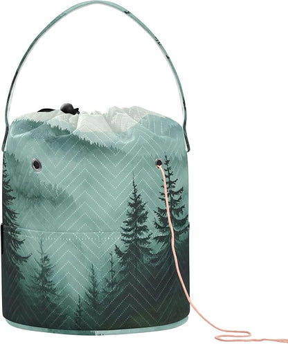 Green Mountains and Pine Trees 3500 Yarn Bag Small Crochet Bag Drawstring Yarn by Tatenale