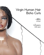 Human Hair Boho Curls Hand-Tied HD Full Lace Wig - 36" Salon-Level Small Box Synthetic Braids (121 Braids, High Density) Pre-Cut Swiss HD Lace, Pre-Plucked, Knotless, Tangle-Free - Black 1B