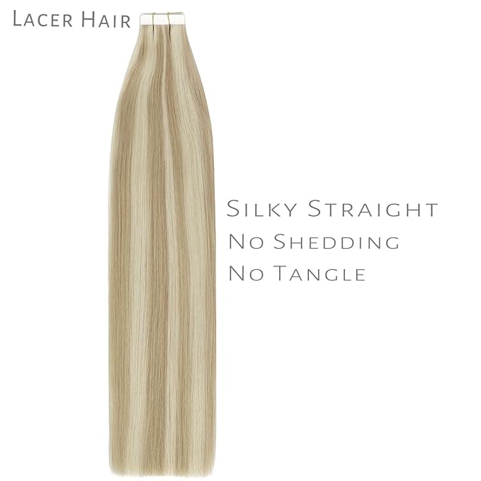 Lacer Hair Extensions Real Human Hair Tape in Silky Straight Ash Blonde to Light Blonde Tape in Extensions Human Hair 24 Inch 50G 20Pcs Tape Ins
