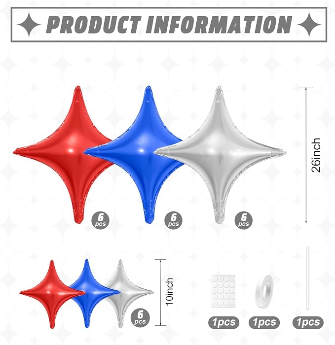 Red Blue Silver Star Balloons, 26Inch and 10Inch Red Blue Quadrangle Helium - Image 2