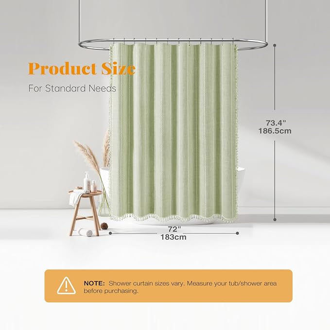 Sage Green Cream Boho Farmhouse Linen Heavy Duty Shower Curtain, 72x72 | 330GSM - Image 8