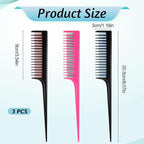 3 Pack Triple Teasing Comb for Women and Men, 8.2 Inches Rat Tail Comb Heat Resistant Plastic Teasing Parting Combs for Braiding Hair Styling Backcombing, Volume, Sectioning