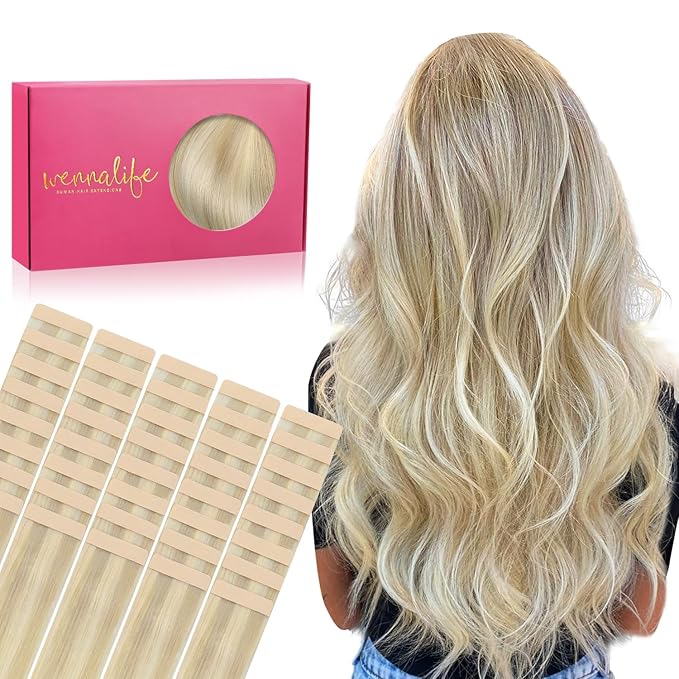 WENNALIFE Tape in Hair Extensions Human Hair, 40pcs 100g 14 inch Ombre Ash Blonde to Golden Blonde Balayage Platinum Blonde Hair Extensions Real Human Hair Invisible Straight Tape in Extensions